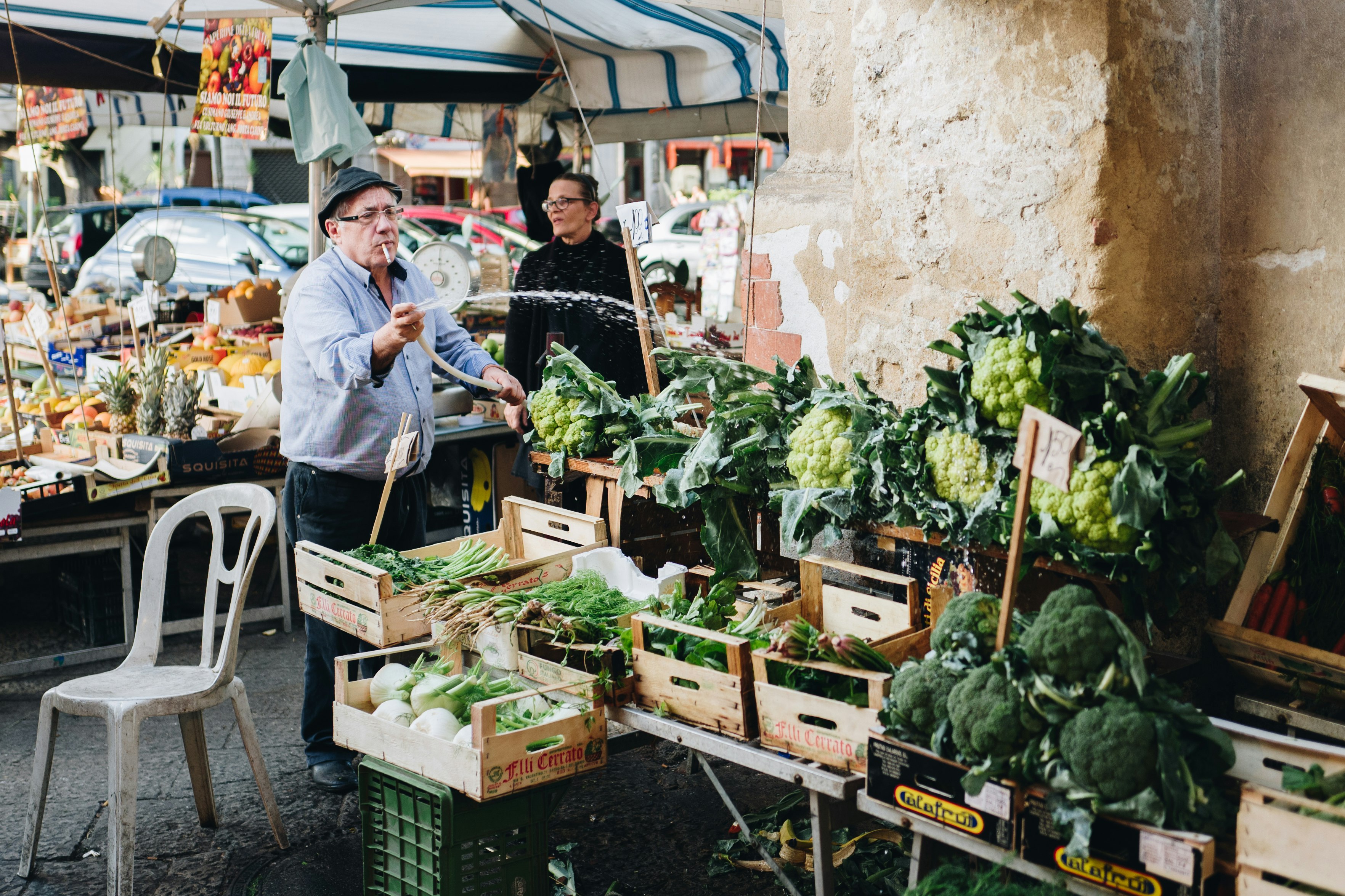 man watering vegetables